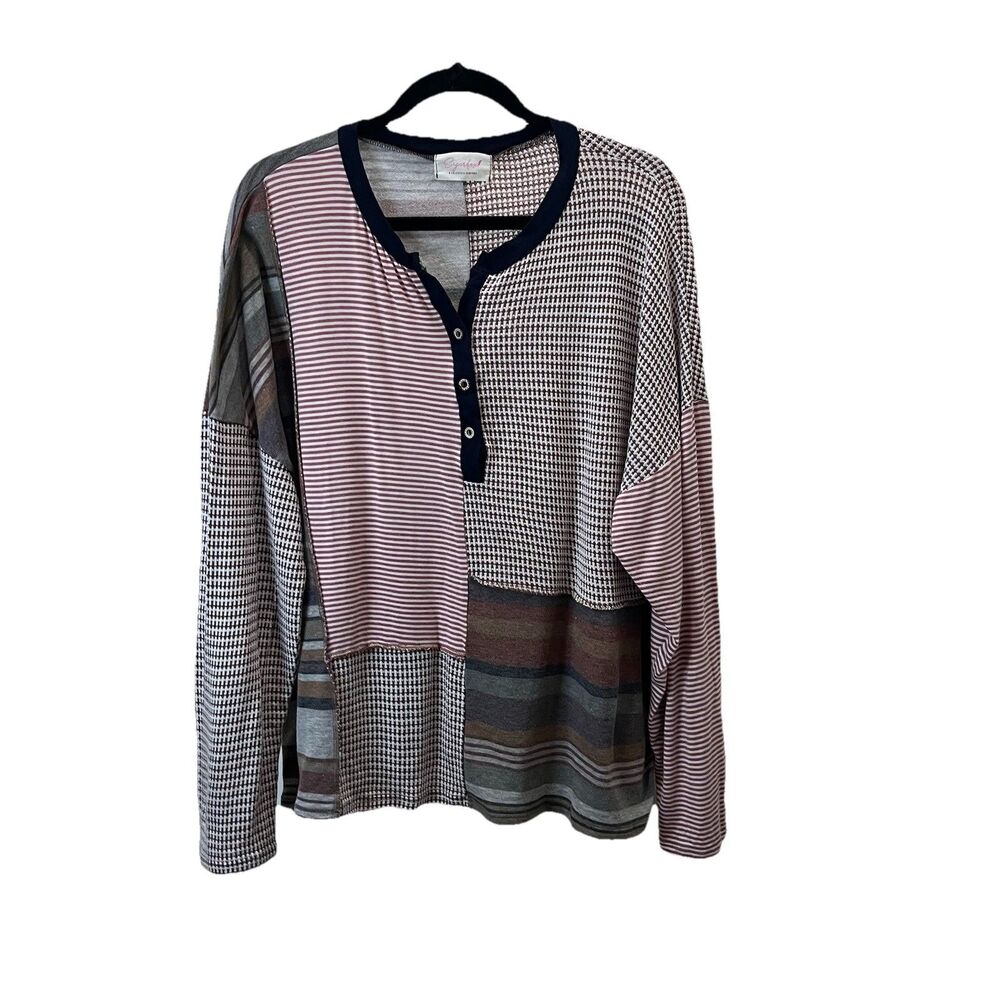 Sugarfox Plaid Striped Patchwork Mixed Print Long Sleeve Popover Top Size 1XL